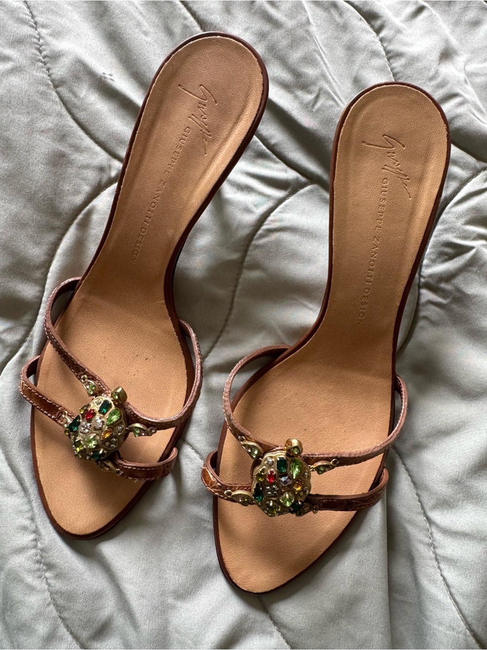 Giuseppe Zanotti Brown Leather Crystal Embellished Slide Mules with Turtles